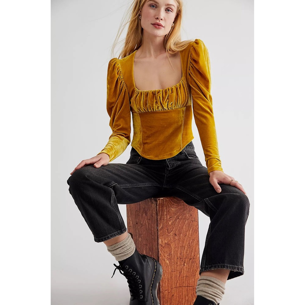 Free People Velvet Puff Sleeve Ruched Sweetheart Neckline Mustard Yellow Size S